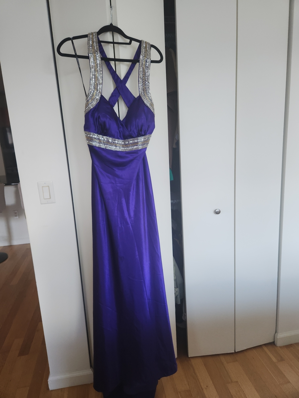 Dave & Johnny Purple Prom Gown with Silver Embellished Straps